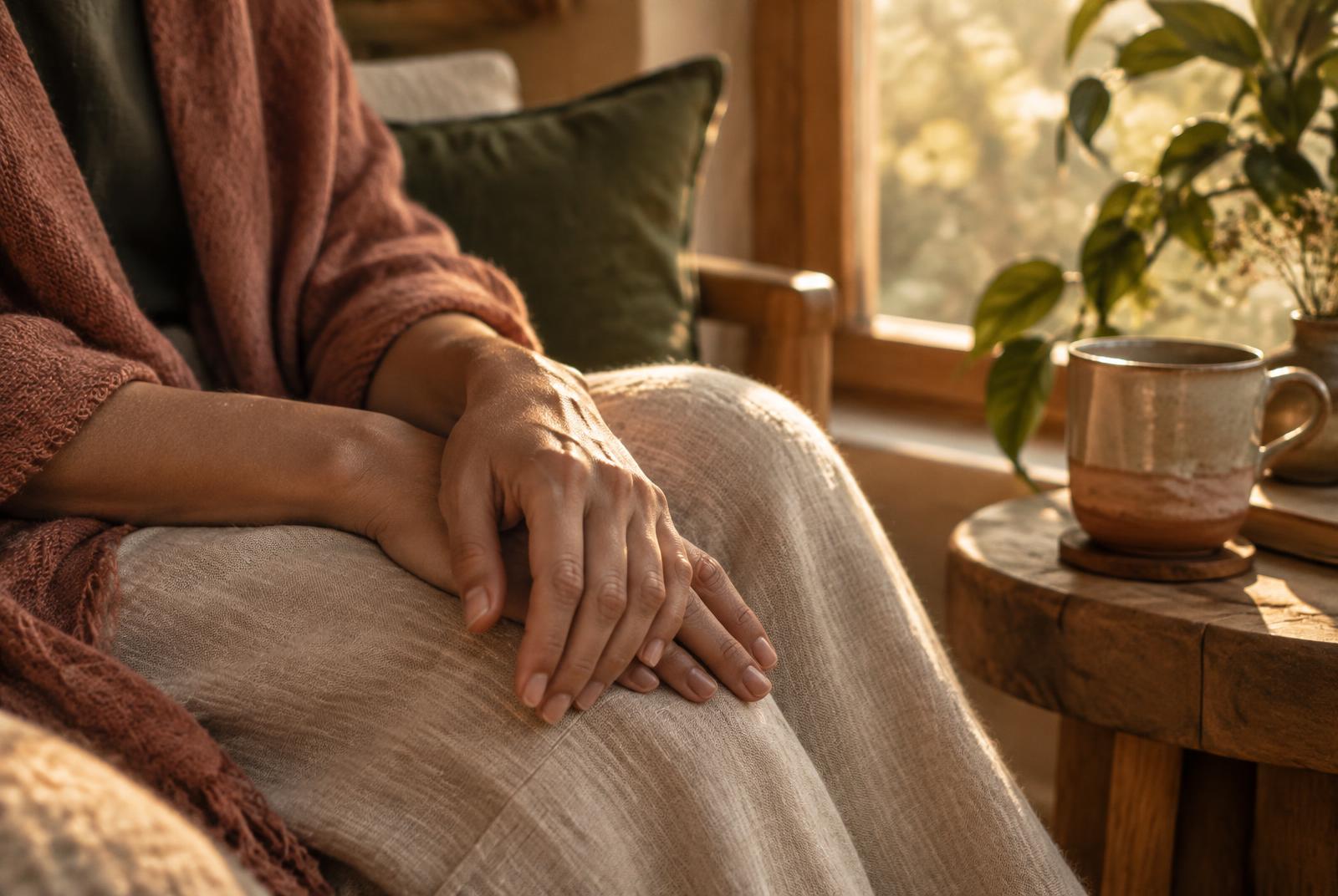 Hands resting calmly in warm window light