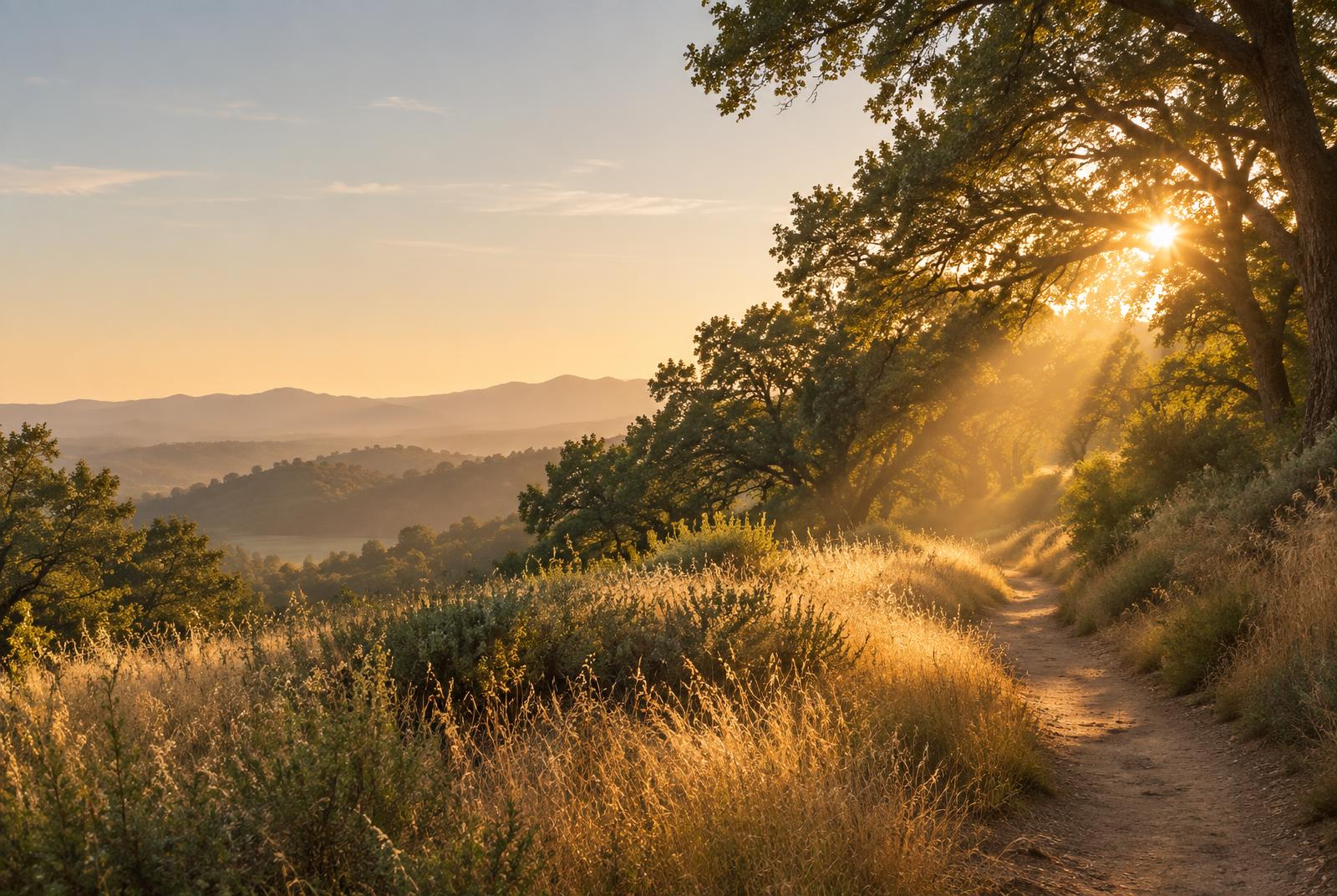 Warm sunlight filtering through California oak trees